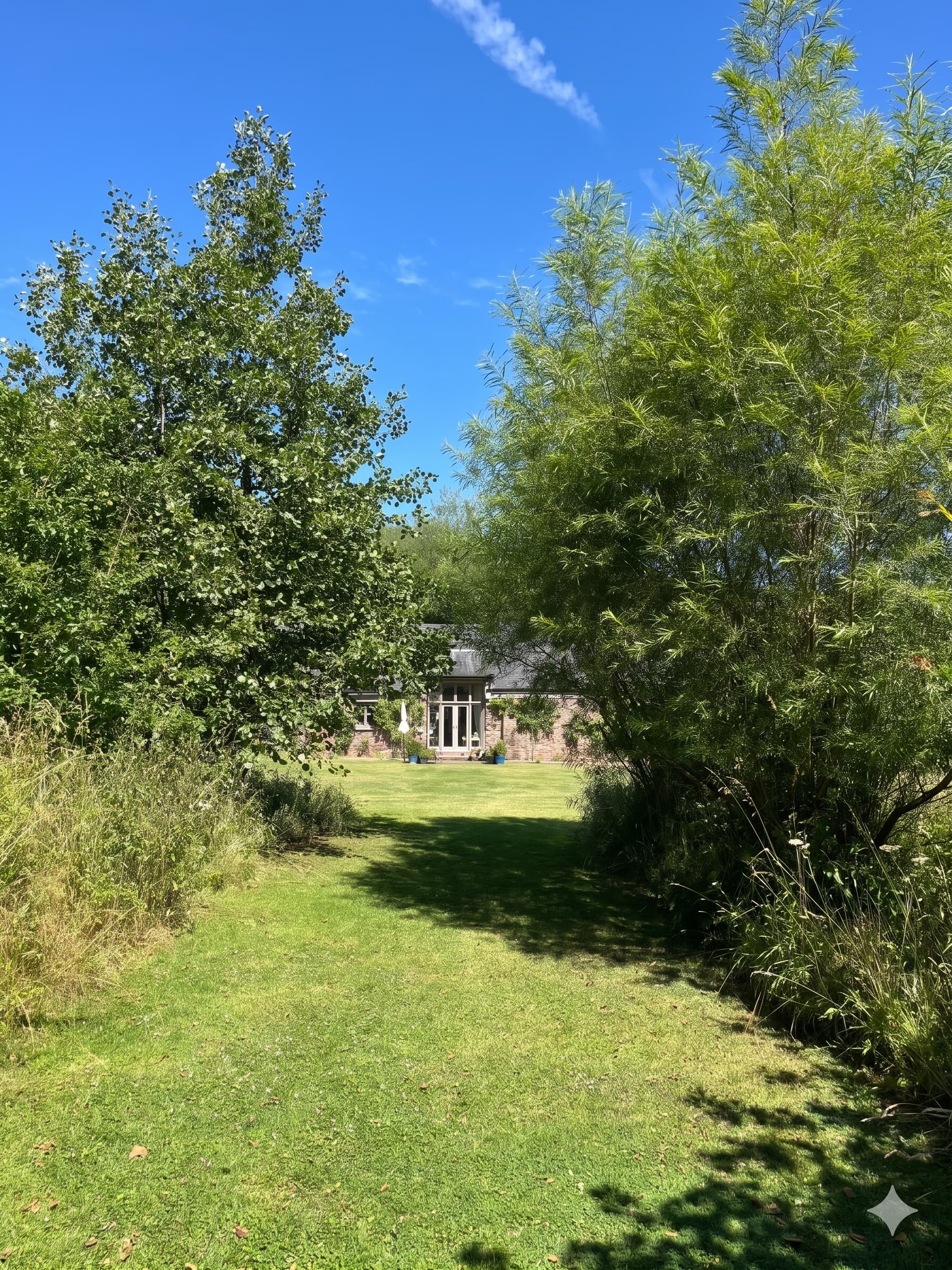Ruthlin cottage seen through the garden trees in summer